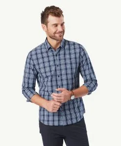 Gazman Tailored Casual Stretch Check Long Sleeve Shirt - Navy