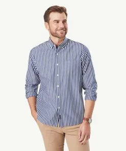 Gazman Casual Stretch Stripe Long Sleeve Shirt - Navy