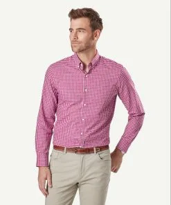 Gazman Tailored Easy Care Check Long Sleeve Shirt - Magenta