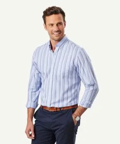 Gazman Tailored Easy Care Stripe Long Sleeve Shirt - Blue
