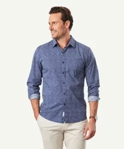 Gazman Tailored Casual Leaf Print Long Sleeve Shirt - Navy