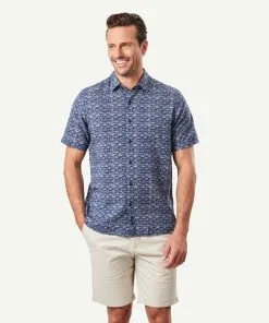 Gazman Linen Blend Fish Print Short Sleeve Shirt - Navy