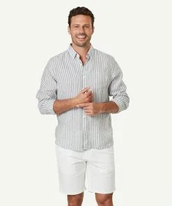 Gazman French Linen Stripe Long Sleeve Shirt - Khaki