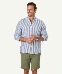 Gazman French Linen Stripe Long Sleeve Shirt - Navy