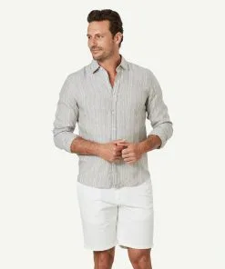 Gazman Tailored French Linen Stripe Long Sleeve Shirt - Sage