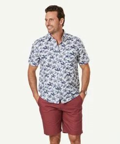 Gazman Linen Blend Palm Print Short Sleeve Shirt - White