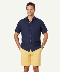 Gazman Linen Blend Plain Short Sleeve Shirt - Navy