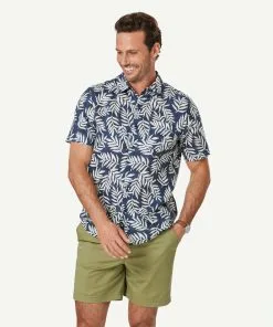 Gazman Linen Blend Leaf Print Short Sleeve Shirt - Navy