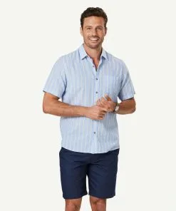 Gazman Linen Blend Stripe Short Sleeve Shirt - Blue