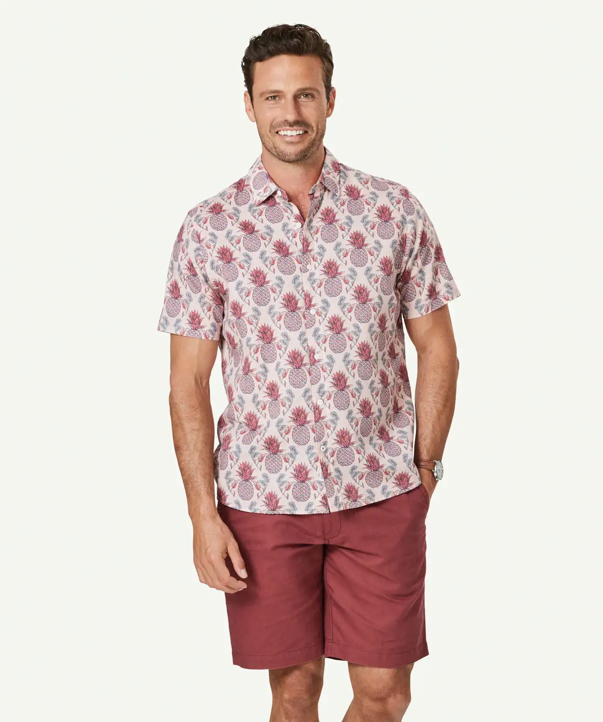 Gazman Linen Blend Pineapple Print Short Sleeve Shirt - Pink 3 Gazman Linen Blend Pineapple Print Short Sleeve Shirt - Pink