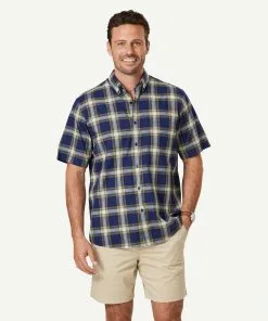 Gazman Casual Cotton Check Short Sleeve Shirt - Navy