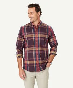 Gazman Casual Twill Multi Check Long Sleeve Shirt - Burgundy