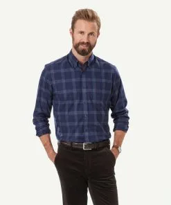Gazman Easy Care Twill Melange Check Long Sleeve Shirt - Navy Melange