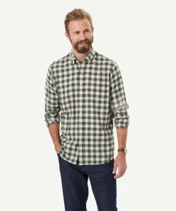 Gazman Brushed Twill Melange Check Long Sleeve Shirt - Olive
