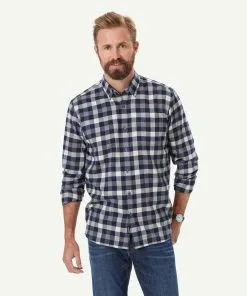 Gazman Brushed Twill Box Check Long Sleeve Shirt - Grey Melange