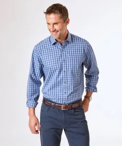 Gazman Easy Care Melange Check Shirt - Grey Blue