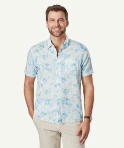 Gazman Linen Blend Fern Print Short Sleeve Shirt - Sky Blue