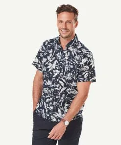 Gazman Linen Blend Palm Printed Short Sleeve Shirt - Navy