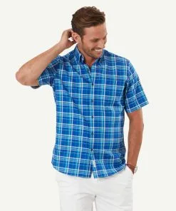 Gazman Easy Care Oxford Check Short Sleeve Shirt - Cobalt