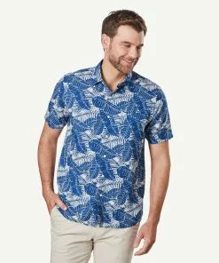 Gazman Linen Blend Leaf Print Short Sleeve Shirt - Nightshade