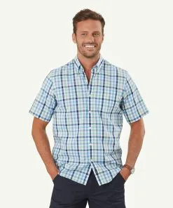 Gazman Easy Care Multi Check Short Sleeve Shirt - Aqua