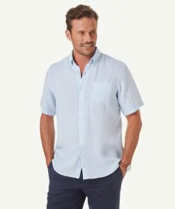 Gazman Linen Plain Short Sleeve Shirt - Sky Blue