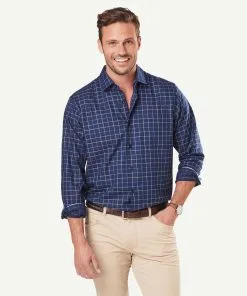 Gazman Easy Care Twill Check Long Sleeve Shirt - Navy