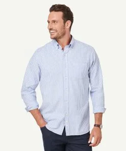 Gazman Brushed Twill Stripe Long Sleeve Shirt - Blue