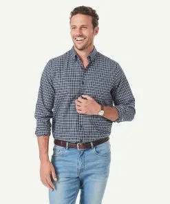 Gazman Easy Care Oxford Check Long Sleeve Shirt - Navy