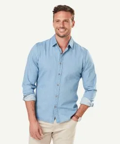 Gazman Tailored Casual Plain Denim Long Sleeve Shirt - Denim