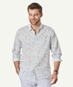 Gazman Linen Blend Fern Print Long Sleeve Shirt - White
