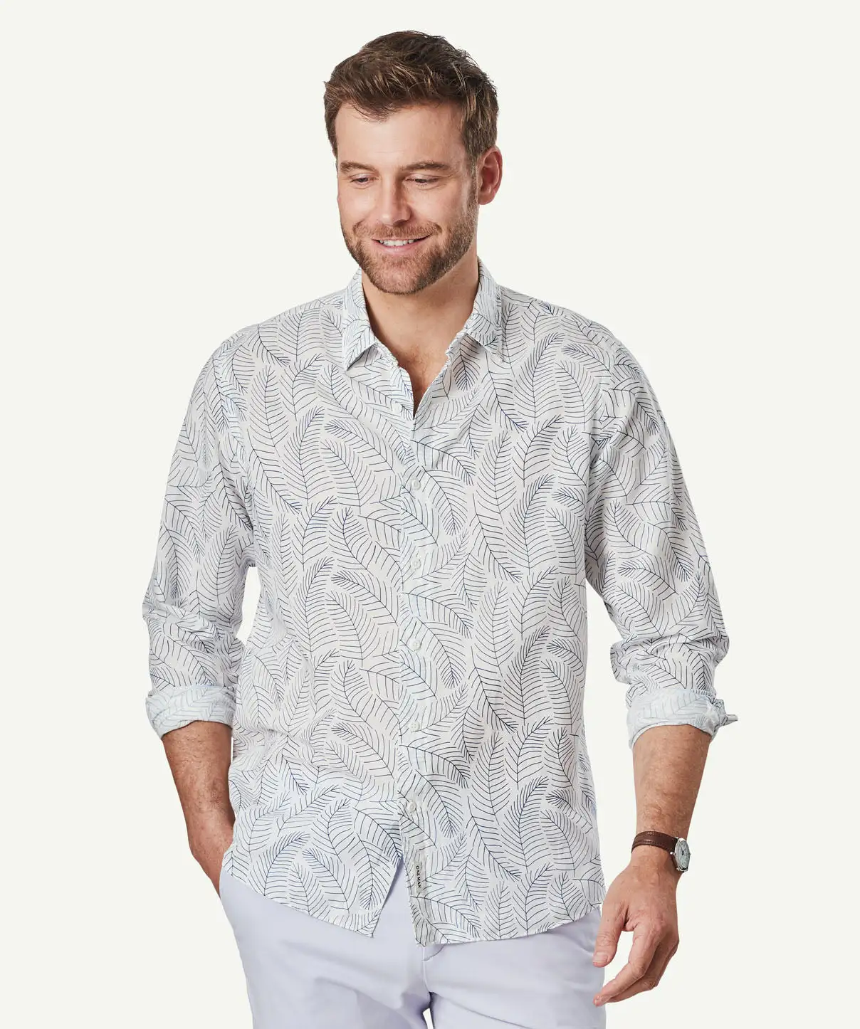 Gazman Linen Blend Fern Print Long Sleeve Shirt - White 3 Gazman Linen Blend Fern Print Long Sleeve Shirt - White