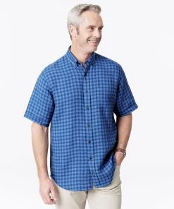 Gazman Pure Linen Check Short Sleeve Shirt - Blue