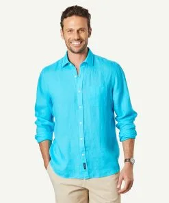 Gazman Linen Plain Long Sleeve Shirt - Cayman Blue