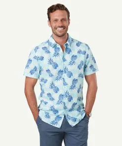 Gazman Tailored Fit Linen Blend Pineapple Short Sleeve Shirt - Turquoise