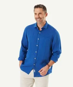 Gazman Pure Linen Plain Long Sleeve Shirt - Royal