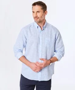 Gazman Linen Cotton Leaf Print Shirt - Sky Blue