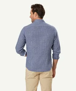 Gazman Tailored Linen Blend Check Long Sleeve Shirt - Navy -Cheap Gazman Store 3 46986