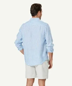 Gazman French Linen Stripe Long Sleeve Shirt - Blue -Cheap Gazman Store 3 47029