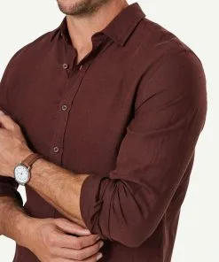 Gazman Tailored Pure French Linen Long Sleeve Shirt - Dark Red -Cheap Gazman Store 4 46872
