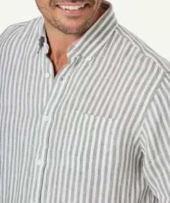 Gazman French Linen Stripe Long Sleeve Shirt - Khaki -Cheap Gazman Store 4 47018