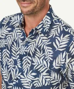 Gazman Linen Blend Leaf Print Short Sleeve Shirt - Navy -Cheap Gazman Store 4 47397