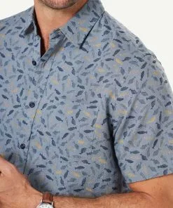 Gazman Linen Blend Fish Print Short Sleeve Shirt - Chambray -Cheap Gazman Store 4 47443