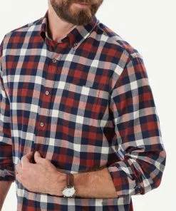 Gazman Brushed Twill Box Check Long Sleeve Shirt - Brick -Cheap Gazman Store 4 50013