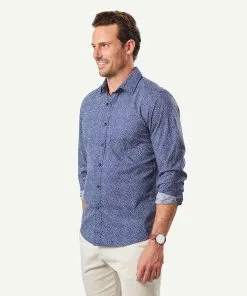 Gazman Tailored Casual Leaf Print Long Sleeve Shirt - Navy -Cheap Gazman Store 5 46155