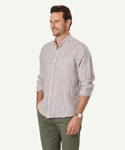 Gazman French Linen Stripe Long Sleeve Shirt - Chocolate -Cheap Gazman Store 5 47013