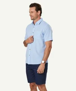 Gazman Linen Blend Plain Short Sleeve Shirt - Blue -Cheap Gazman Store 5 47361