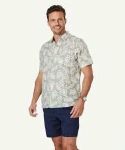 Gazman Linen Blend Leaf Print Short Sleeve Shirt - Sage -Cheap Gazman Store 5 47393