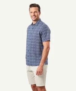 Gazman Linen Blend Fish Print Short Sleeve Shirt - Navy -Cheap Gazman Store 6 46414