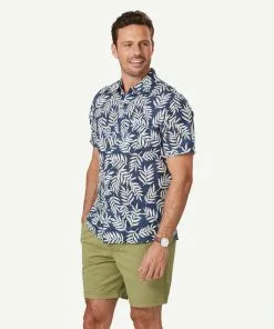 Gazman Linen Blend Leaf Print Short Sleeve Shirt - Navy -Cheap Gazman Store 6 47398